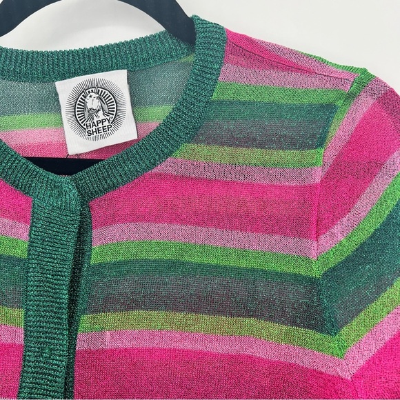 NWT Happy Sheep Christmas Ugly Sweater Glitter Metallic Striped Light Cardigan M - Picture 3 of 8